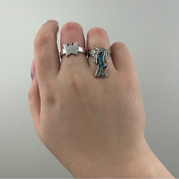 Vintage Y2K Turquoise Stone Standing Unicorn Curved Band Statement Ring - Picture 2 of 5